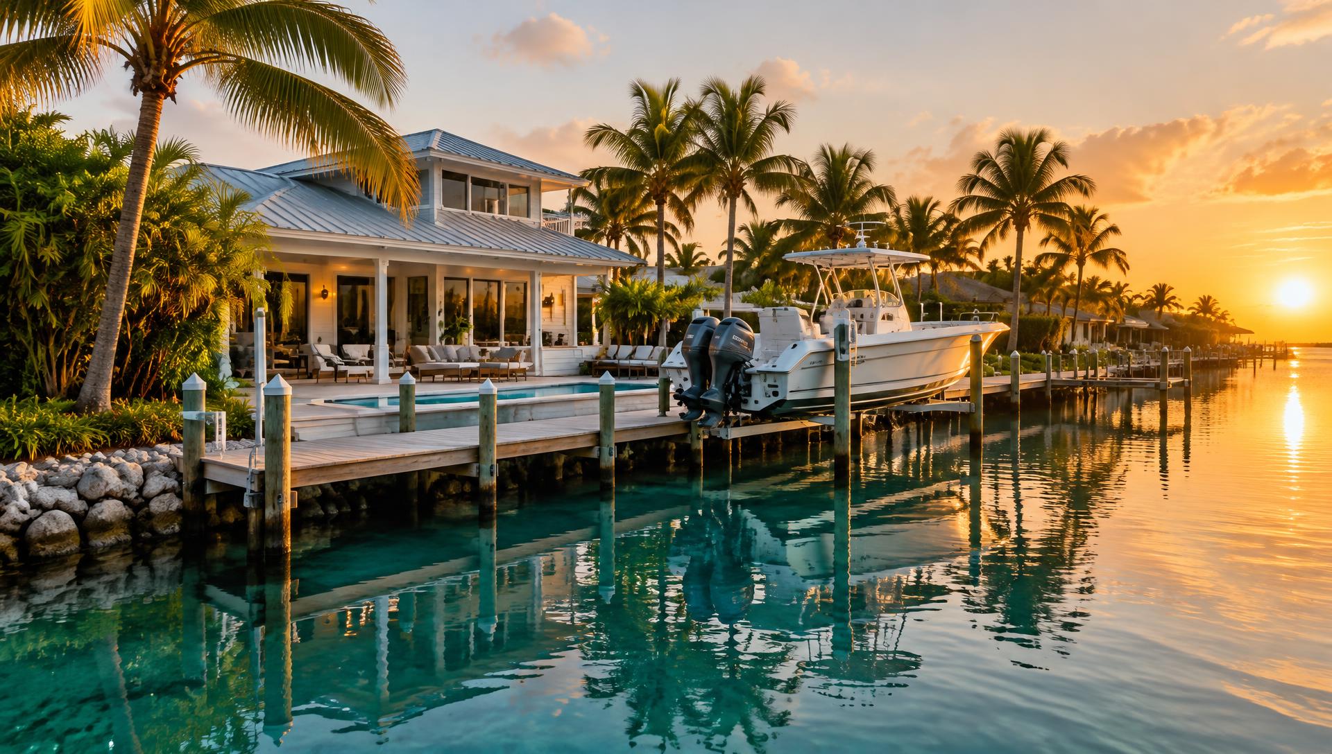 Canal-front Keys home with boat on lift at sunset