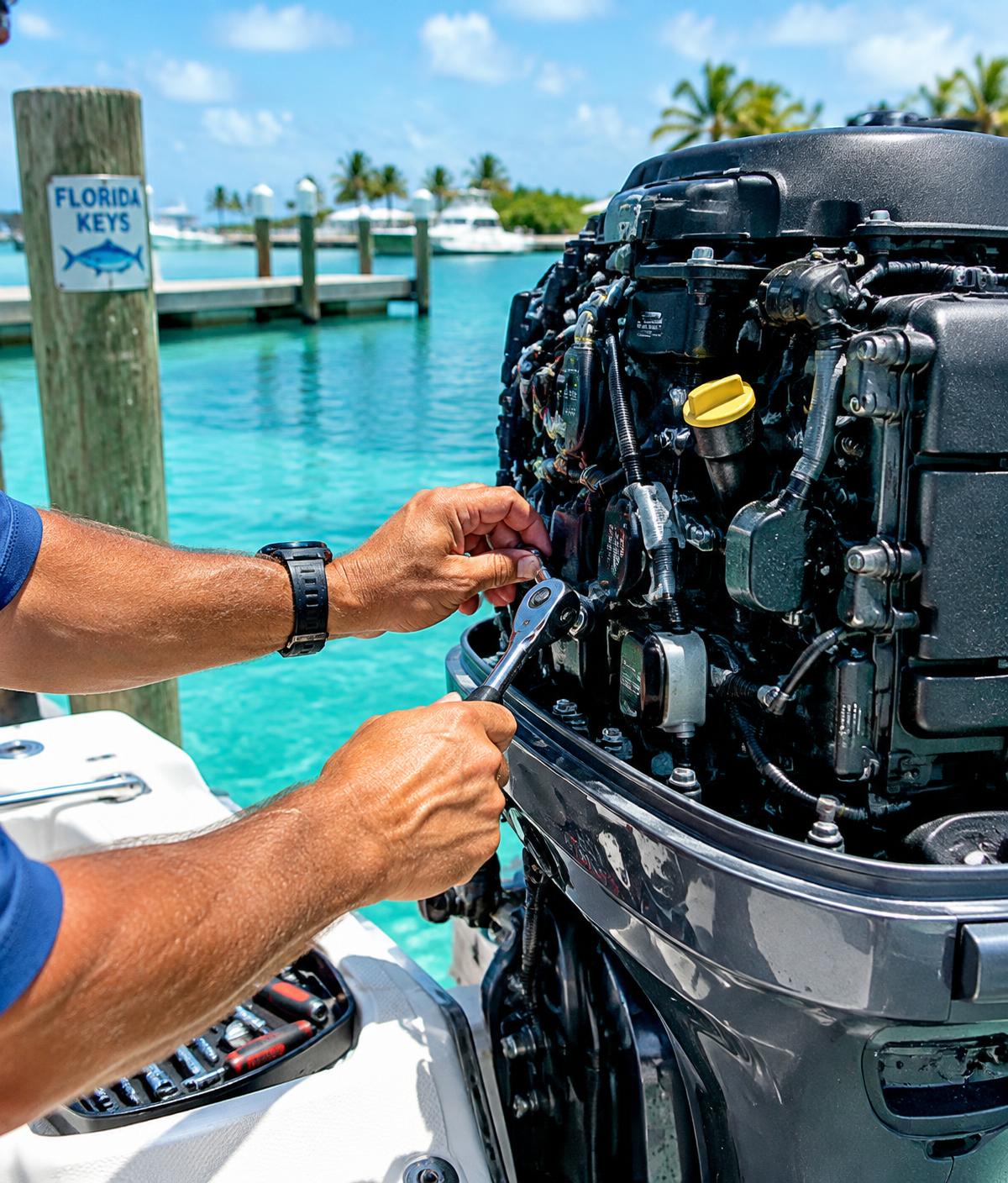 Technician servicing an outboard on a Keys dock